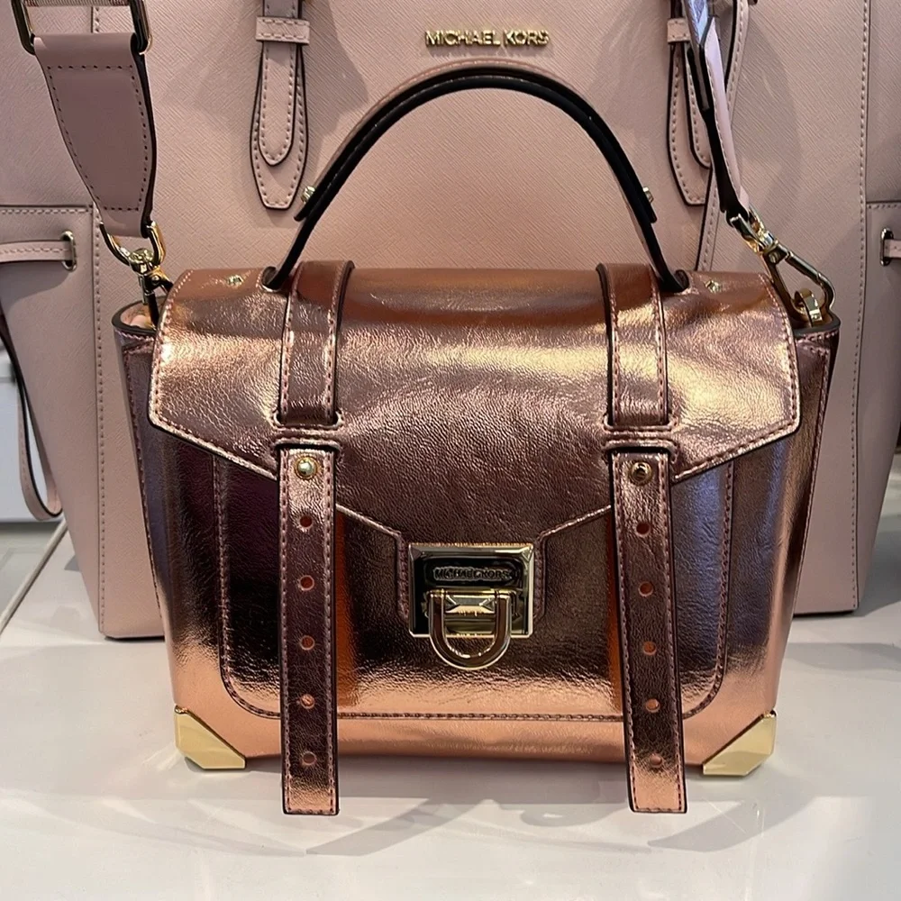 MICHAEL KORS Manhattan Medium TH SCHOOL Crackled Metallic Leather SATCHEL Mocha